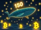 Illustrates a large digital whale moving 150 Bitcoin (BTC) on a blockchain, representing a significant Bitcoin whale transfer.