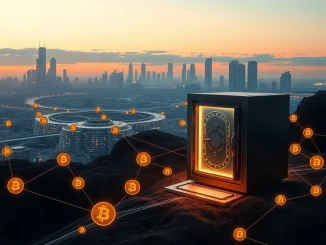 BitcoinOS funding round represented by digital coins flowing into a secure blockchain network, signifying growth and institutional BTC yield.