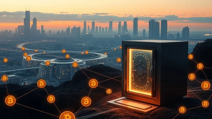 BitcoinOS funding round represented by digital coins flowing into a secure blockchain network, signifying growth and institutional BTC yield.