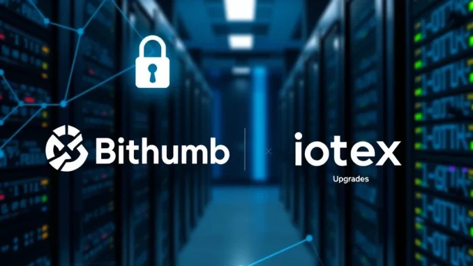 A digital padlock over blockchain nodes, symbolizing the Bithumb IOTX suspension for a crucial IoTeX mainnet upgrade.
