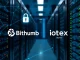 A digital padlock over blockchain nodes, symbolizing the Bithumb IOTX suspension for a crucial IoTeX mainnet upgrade.