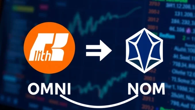 Bithumb OMNI token swap announcement graphic showing OMNI converting to NOM, representing the service suspension.