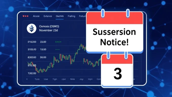 An announcement screen on a crypto exchange platform showing a temporary suspension for Osmosis (OSMO) deposits and withdrawals due to a network upgrade.