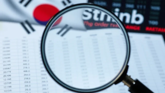A magnifying glass examines digital data, symbolizing the extended Bithumb probe by a South Korean regulator into order book sharing practices.