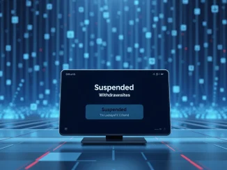 Illustration of Bithumb suspending Selfchain (SLF) withdrawals, depicting a paused blockchain to signify network issues.