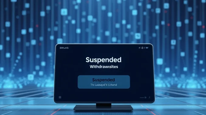 Illustration of Bithumb suspending Selfchain (SLF) withdrawals, depicting a paused blockchain to signify network issues.