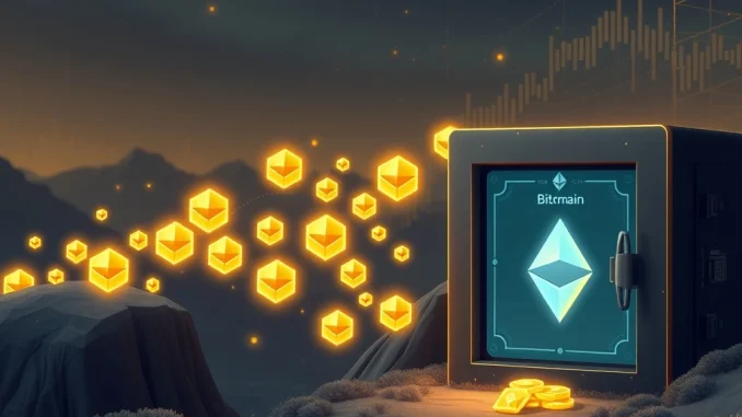 An abstract depiction of a massive Bitmain ETH purchase, showing digital currency moving across a blockchain network, sparking market speculation.