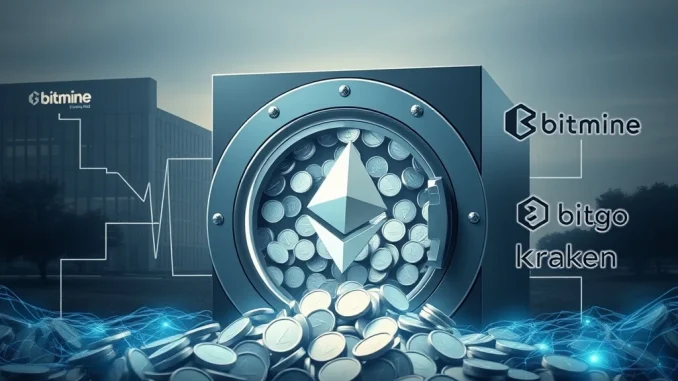 Visualizing Bitmine's substantial $416M Ethereum (ETH) accumulation, highlighting institutional investment from BitGo and Kraken.