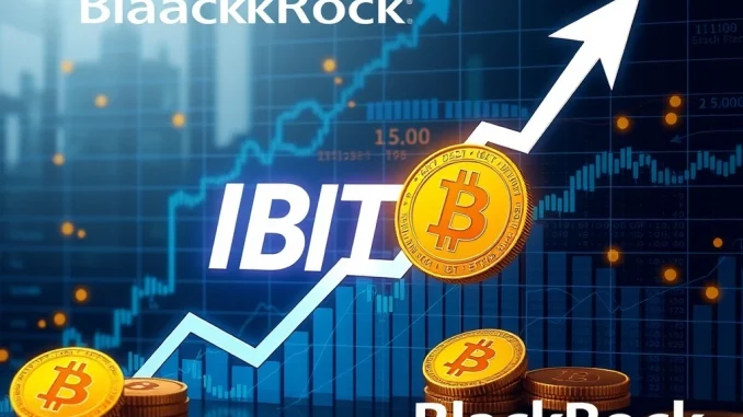 A chart showing BlackRock IBIT Bitcoin ETF's significant growth, reflecting its entry into the top global ETFs by AUM, highlighting cryptocurrency investment.