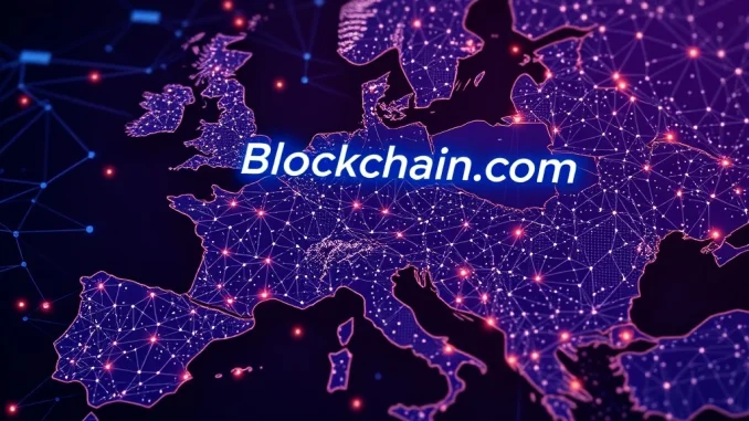 Blockchain.com MiCA license certificate being held against a backdrop of a European map, symbolizing its expansion into EEA crypto services.