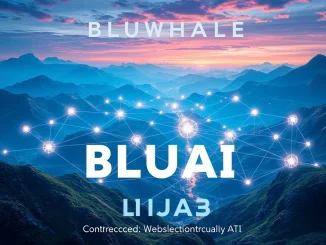 A visual representation of the Bluwhale BLUAI token launch, connecting decentralized AI nodes within a Web3 ecosystem.