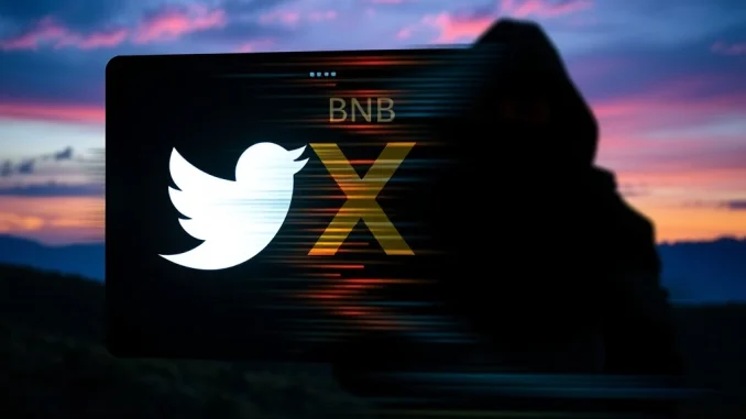 A digital screen showing a compromised X account, symbolizing the BNB Chain hack and urgent crypto security threat.
