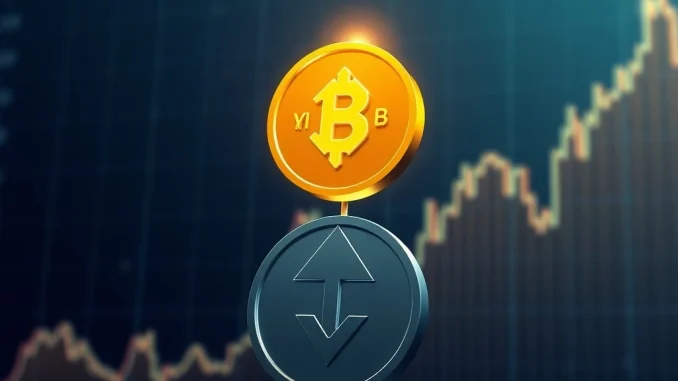 A digital representation of Binance Coin (BNB) logo triumphantly rising above Tether USDT, illustrating its reclaimed third-largest crypto market cap position.