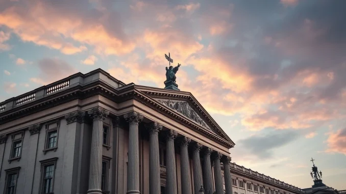 Illustration of the Bank of England building with digital currency symbols, representing the upcoming Bank of England stablecoin regulation consultation.