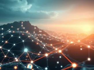 A digital shield protecting interconnected blockchain nodes, symbolizing Brevis and Kaito's privacy-preserving on-chain verification.