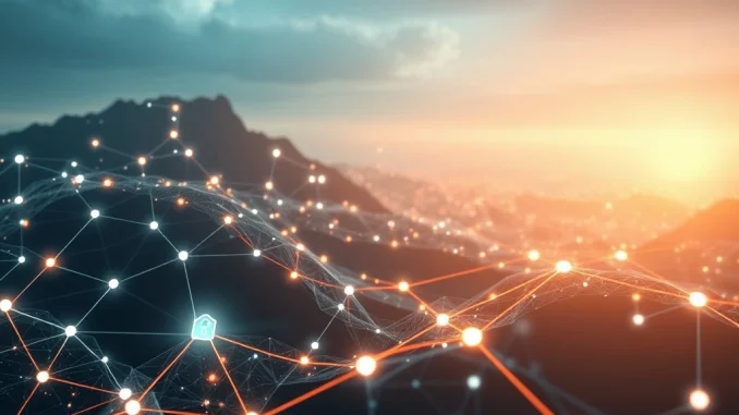 A digital shield protecting interconnected blockchain nodes, symbolizing Brevis and Kaito's privacy-preserving on-chain verification.