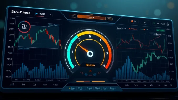 Chart illustrating BTC perpetual futures long/short ratio data, showing market sentiment across major crypto exchanges.