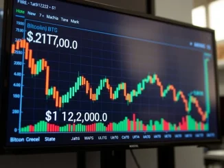 Chart showing BTC price dropping below $112,000, indicating significant market volatility and investor concerns.