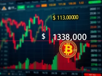 A dramatic candlestick chart illustrating the recent BTC price drop below $113,000, conveying market volatility.