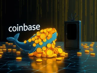 Illustrating a significant BTC transfer, showing a digital whale moving Bitcoin from Coinbase to an unknown wallet.