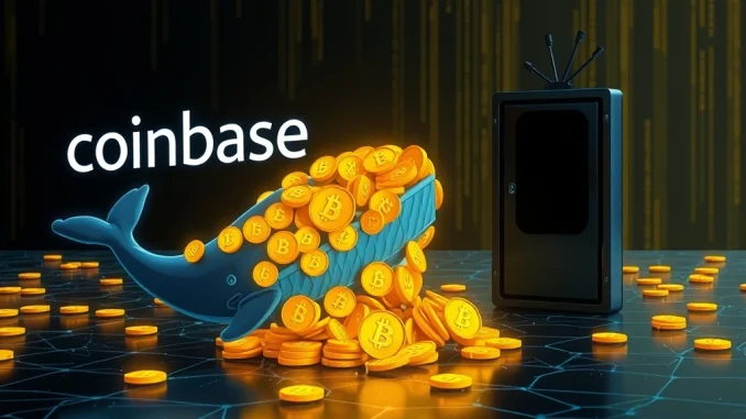 Illustrating a significant BTC transfer, showing a digital whale moving Bitcoin from Coinbase to an unknown wallet.