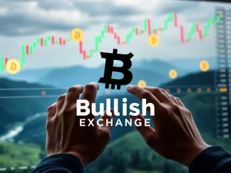 A trader analyzing a screen displaying **BTC options trading** charts and the Bullish exchange logo, symbolizing new crypto options.