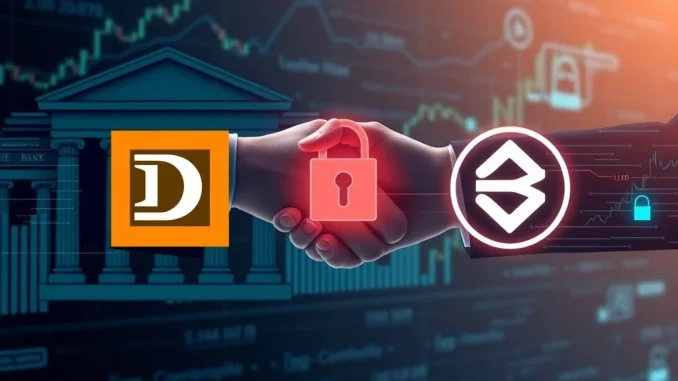 Bullish and Deutsche Bank logos symbolize their strategic partnership, enabling regulated fiat services for crypto clients.