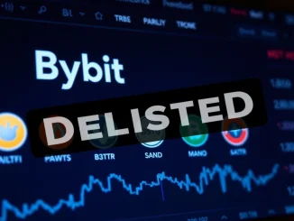 Bybit delisting announcement affecting seven spot trading pairs, showing icons of GALFT, PIXFI, and other affected cryptocurrencies.