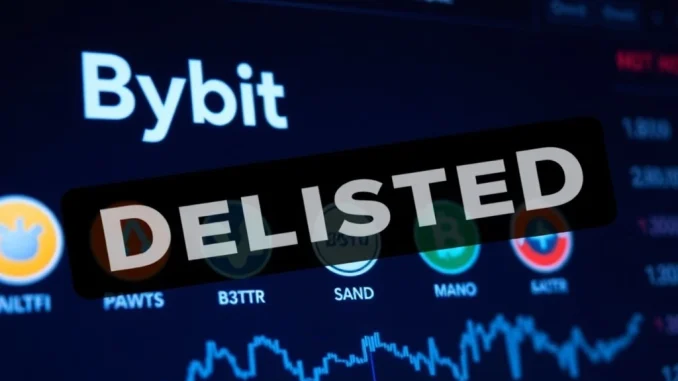 Bybit delisting announcement affecting seven spot trading pairs, showing icons of GALFT, PIXFI, and other affected cryptocurrencies.