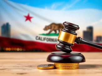 A legal gavel sits on a stack of cryptocurrency coins, symbolizing California's new crypto law governing unclaimed digital assets.