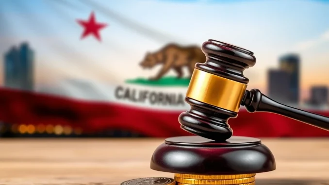 A legal gavel sits on a stack of cryptocurrency coins, symbolizing California's new crypto law governing unclaimed digital assets.