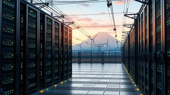 Bitcoin mining rigs from Canaan integrated into a Japanese power grid for enhanced grid stability and efficient renewable energy use.