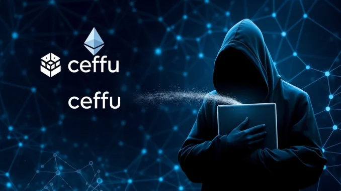 Visualizing a significant Ceffu ETH transfer of $102 million moving from a secure platform to an anonymous digital wallet, highlighting the mystery.