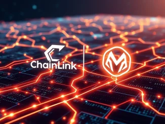 A visual representation of the Chainlink real-time oracle connecting securely with the MegaETH blockchain, illustrating efficient data flow.