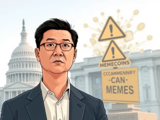 Changpeng Zhao next to a statue of himself, signaling a clear memecoin warning to the crypto community.