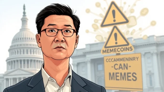 Changpeng Zhao next to a statue of himself, signaling a clear memecoin warning to the crypto community.