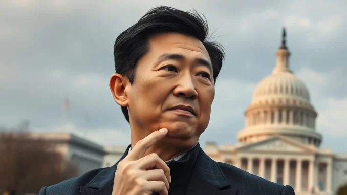 Illustration depicting Changpeng Zhao reacting to his pardon, with a subtle backdrop of the US Capitol, symbolizing the political scrutiny surrounding the Trump crypto pardon.