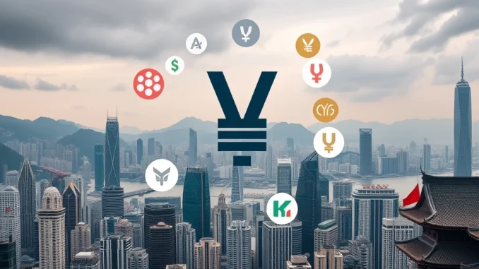 A symbolic depiction of the **Chinese Stablecoin Ban**, showing the PBOC Digital Yuan dominating other stablecoin logos over Hong Kong's financial district.