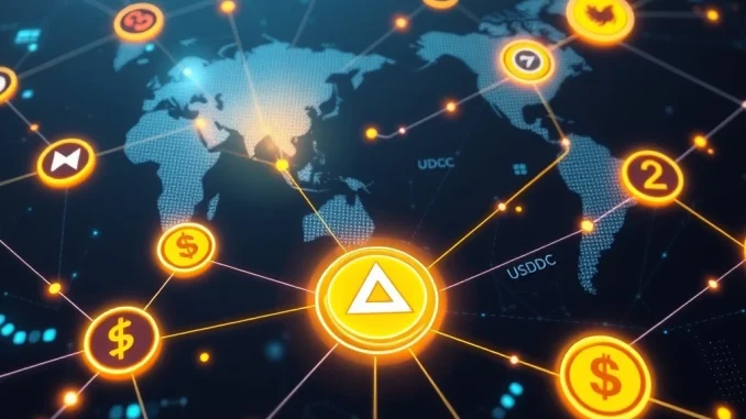 Visualizing the Circle Arc blockchain testnet, connecting global financial institutions for efficient, stablecoin-optimized transactions.