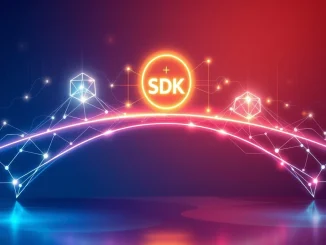 Circle Bridge Kit facilitates seamless cross-chain transfers, depicted by digital bridges connecting diverse blockchain networks.