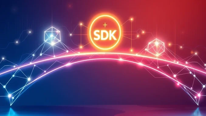 Circle Bridge Kit facilitates seamless cross-chain transfers, depicted by digital bridges connecting diverse blockchain networks.