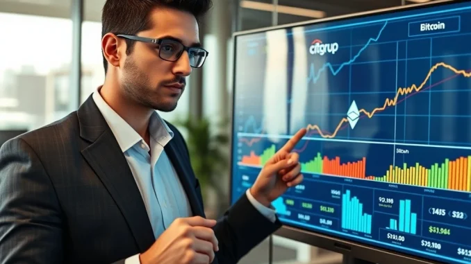 A financial expert analyzes a screen showing Citigroup Bitcoin forecast for $133,000, indicating significant growth.