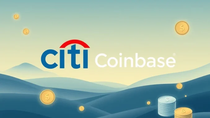 Citigroup and Coinbase logos symbolizing their partnership to provide a stablecoin payment service, enhancing institutional crypto adoption.