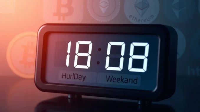A digital clock showing a limited weekend schedule for Coin Pulse News, highlighting focused cryptocurrency news delivery.
