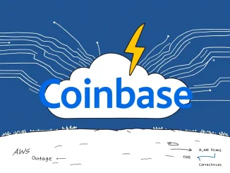 A digital representation of the Coinbase logo with a broken connection icon over it, symbolizing the Coinbase AWS outage and connection issues for users.