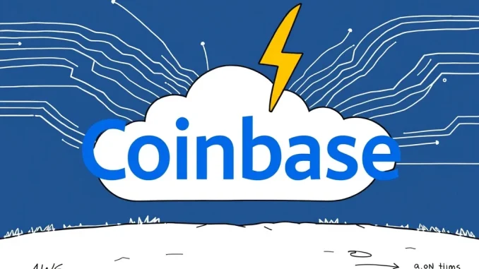A digital representation of the Coinbase logo with a broken connection icon over it, symbolizing the Coinbase AWS outage and connection issues for users.