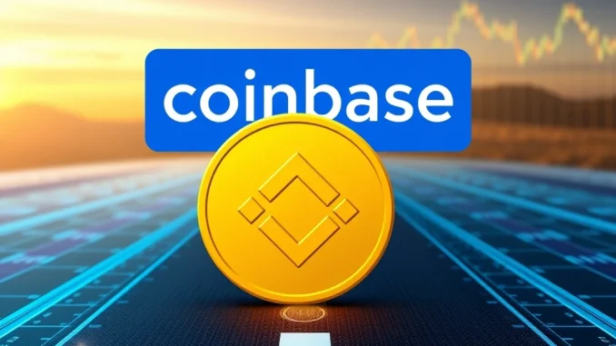 The Coinbase and Binance Coin (BNB) logos together on a digital roadmap, representing Coinbase BNB's potential future listing and market impact.