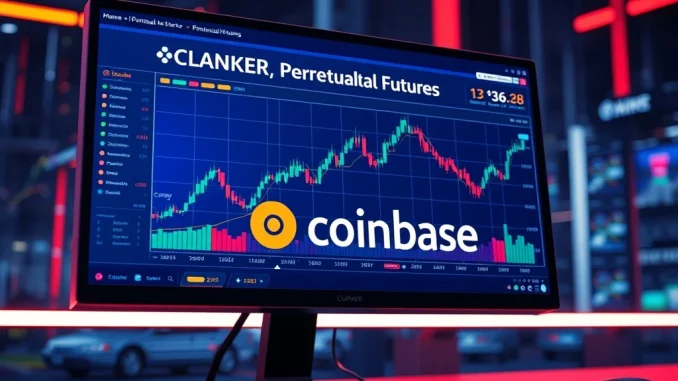A digital screen displaying Coinbase CLANKER perpetual futures charts, symbolizing new trading opportunities for investors.