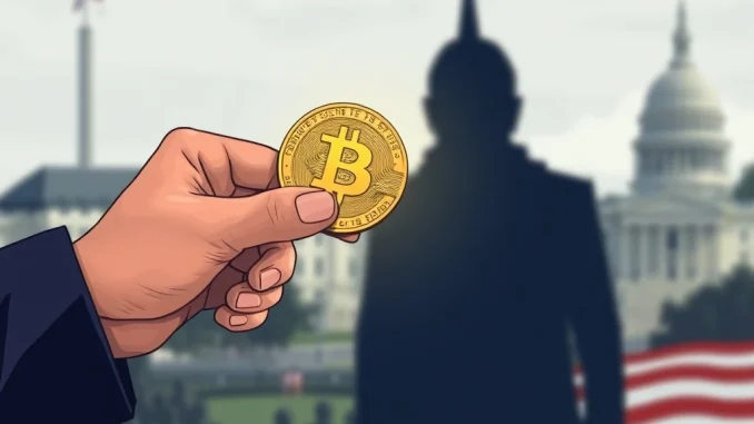 Coinbase logo overlaying a political exchange, illustrating the company's denial of Trump administration political favors.