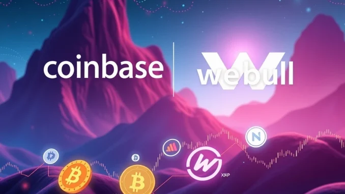 Coinbase Futures Unlocks Exciting Webull Crypto Trading for DOGE, XRP, SOL, LTC Visualizing the Coinbase and Webull partnership, symbolizing new Coinbase futures trading opportunities for altcoins.